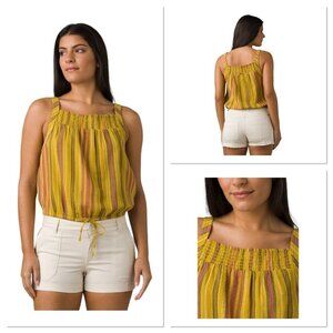 $49 Prana Women's Little Palm Cami Leapfrog Stripe Gold Cotton Top NWT Size XS